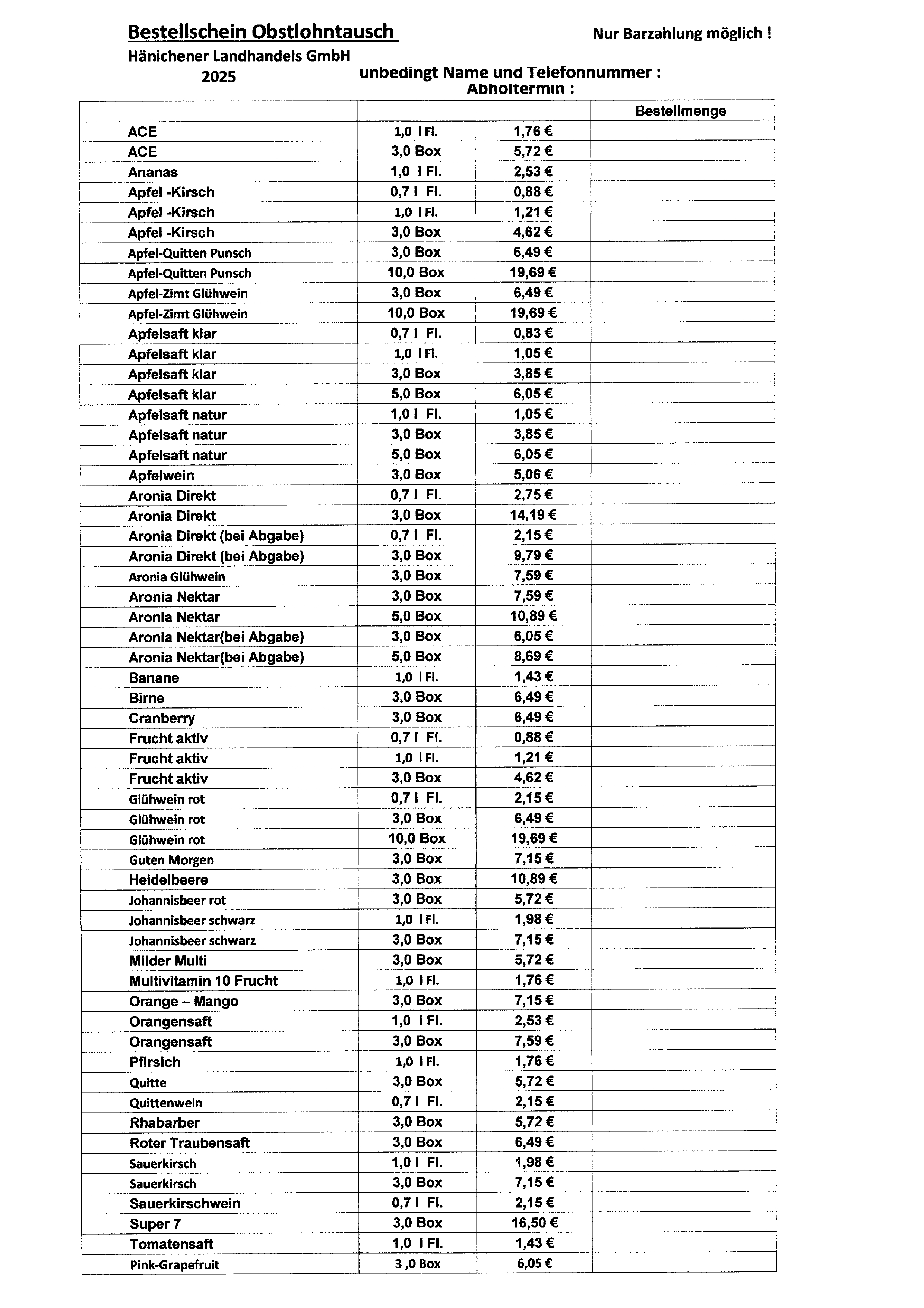Bestellliste Obstlohntausch 2025 Hänichener Landhandels GmbH_Kelterei Walther_Obstlohntausch